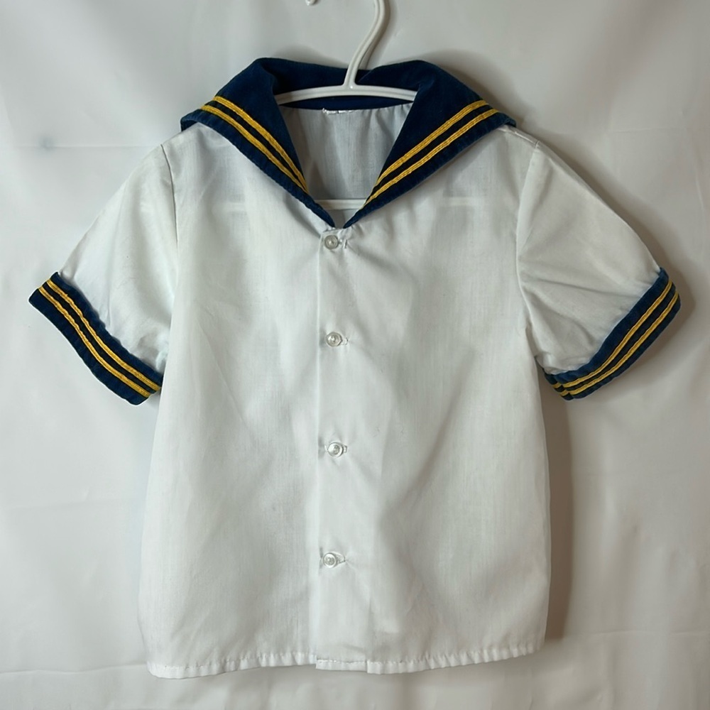 Nautical baby sailor shirt button up size approx 12-24 mths velour collar sleeve